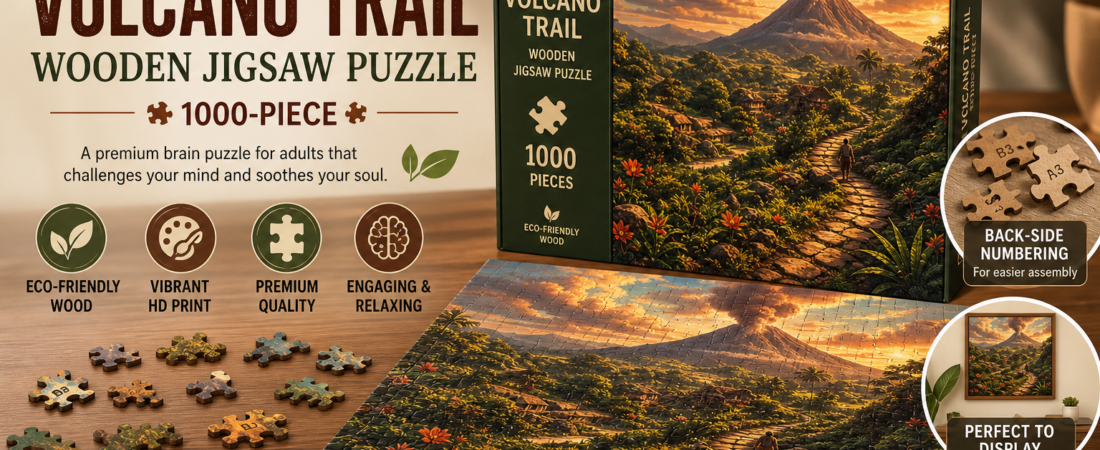 Brain puzzles: Volcano Trail Wooden Jigsaw Puzzle (1000-piece) — eco-friendly wood, back-side numbering, assembly & display tips